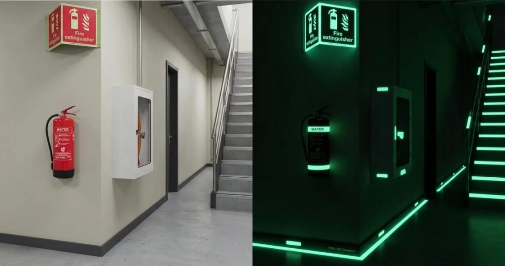 EVERYGLOWg photoluminescent Fire Extinguisher signs | EVERYGLOW ® EVERYGLOW 2 way vision Projecting photoluminescent emergency signs