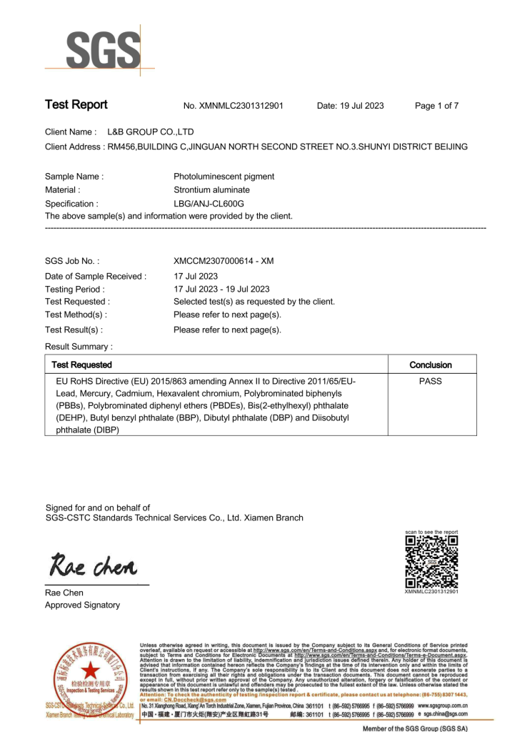 photoluminescent pigment sgs certificate