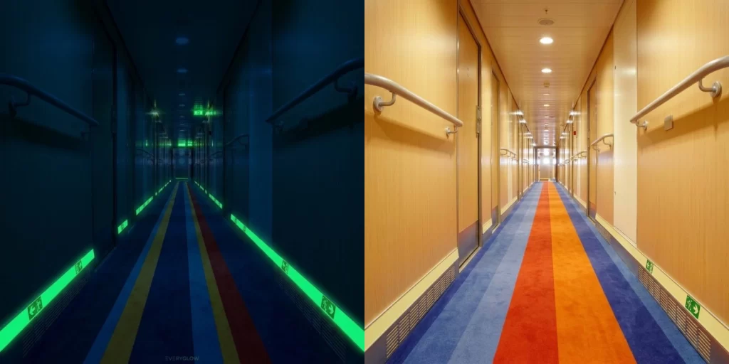 EVERYGLOW LLL SYSTEM for emergency escape | EVERYGLOW ® EVERYGLOW® Photoluminescent LLL System with glow in the dark aluminum profile and luminous rigid sheet insert