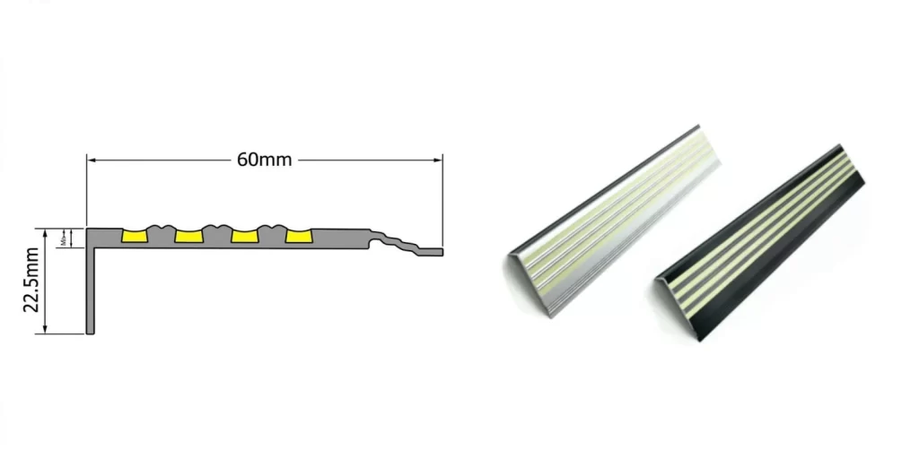 Photoluminescent aluminum stair nosing with glow in the dark safety insert | EVERYGLOW® EVERYGLOW® Photoluminescent Stair Nosing for glow in the dark stair visibility